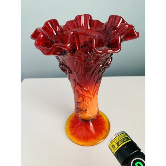 Fenton Ruby Red Amberina Cadmium Glass Stretch Vase Ruffled Tulip Orange Glows - Picture 4 of 11